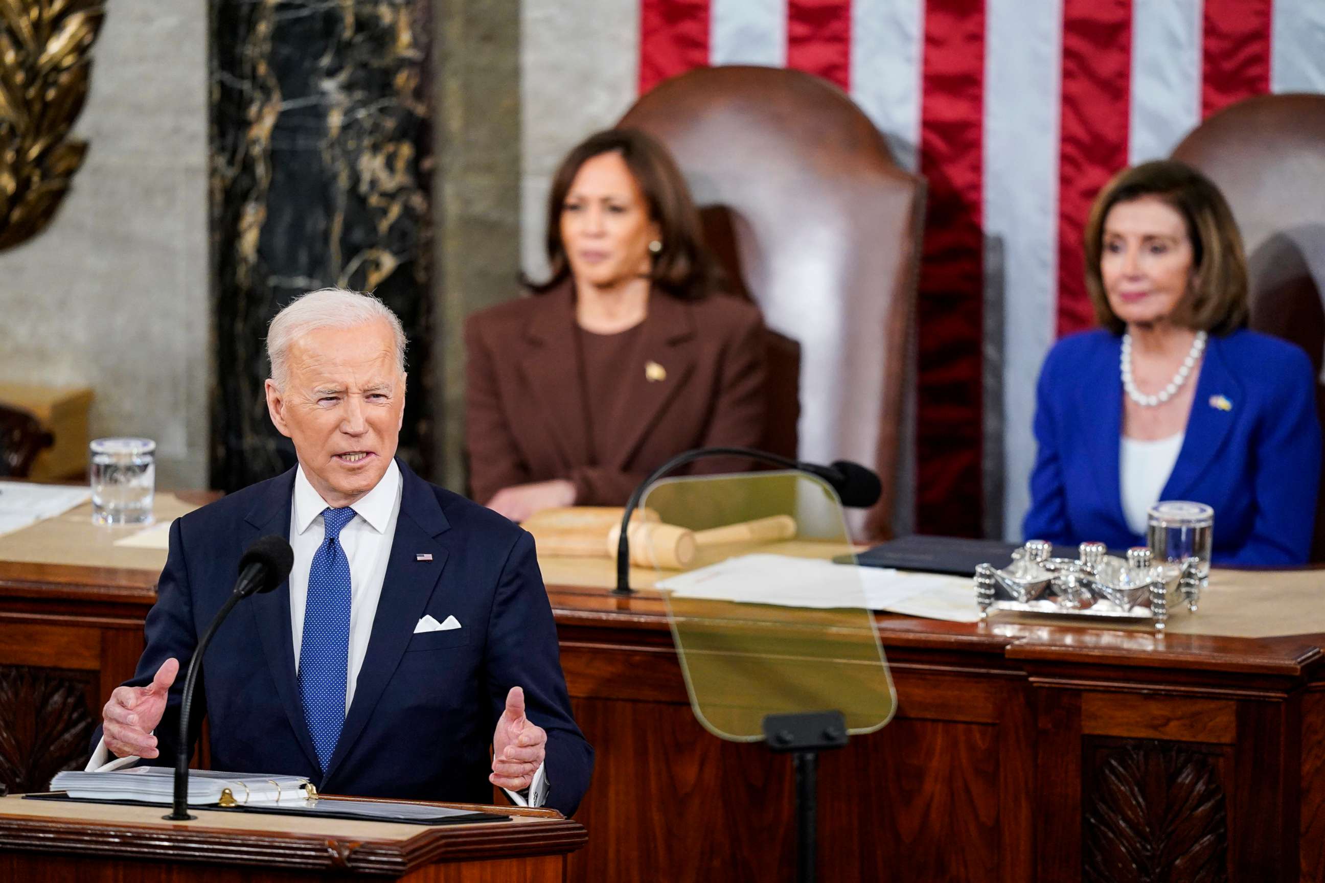PHOTO: President Joe Biden delivers the State of the Union address flanked by Vice President Kamala Harris and House Speaker Nancy Pelosi during a joint session of Congress at the U.S. Capitol on March 1, 2022, in Washington, D.C.