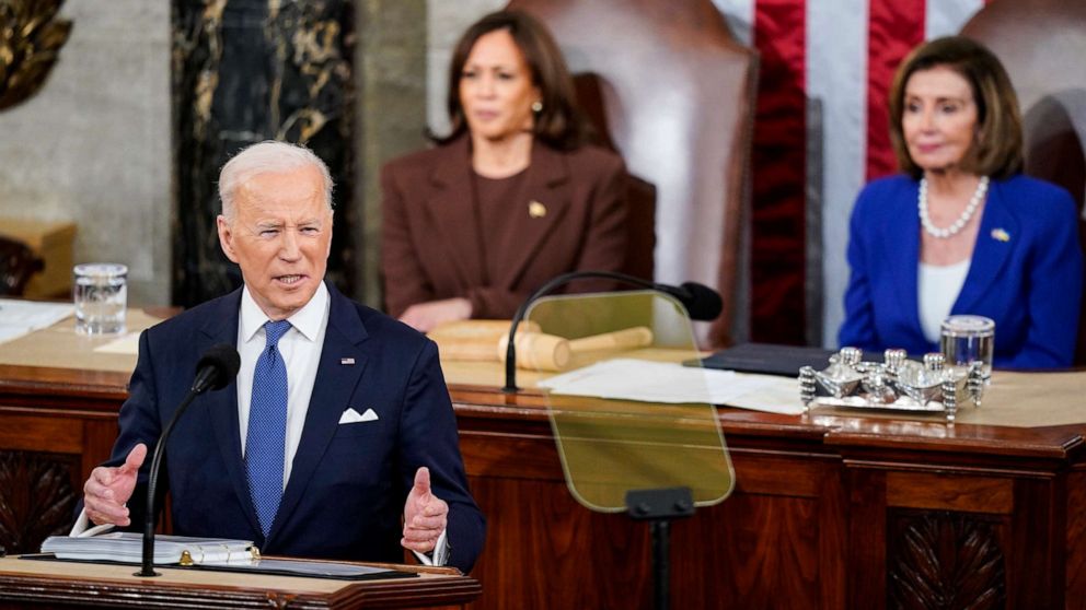 PHOTO: President Joe Biden delivers the State of the Union address flanked by Vice President Kamala Harris and House Speaker Nancy Pelosi during a joint session of Congress at the U.S. Capitol on March 1, 2022, in Washington, D.C.