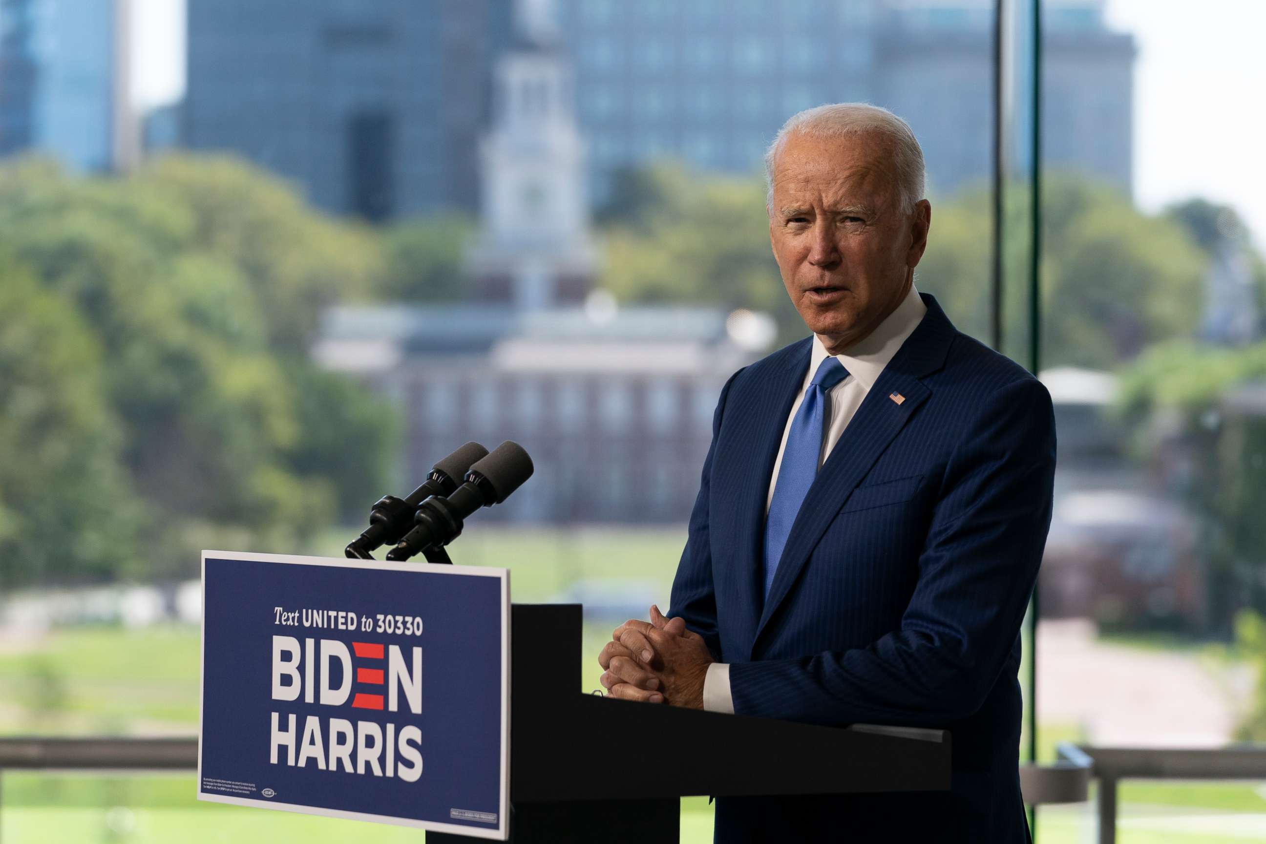 PHOTO: Independence Hall is seen in the distance as Democratic presidential candidate and former Vice President Joe Biden speaks at the Constitution Center in Philadelphia, Sunday, Sept. 20, 2020, about the Supreme Court. 