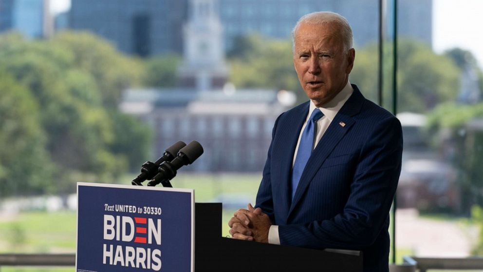 PHOTO: Independence Hall is seen in the distance as Democratic presidential candidate and former Vice President Joe Biden speaks at the Constitution Center in Philadelphia, Sunday, Sept. 20, 2020, about the Supreme Court. 