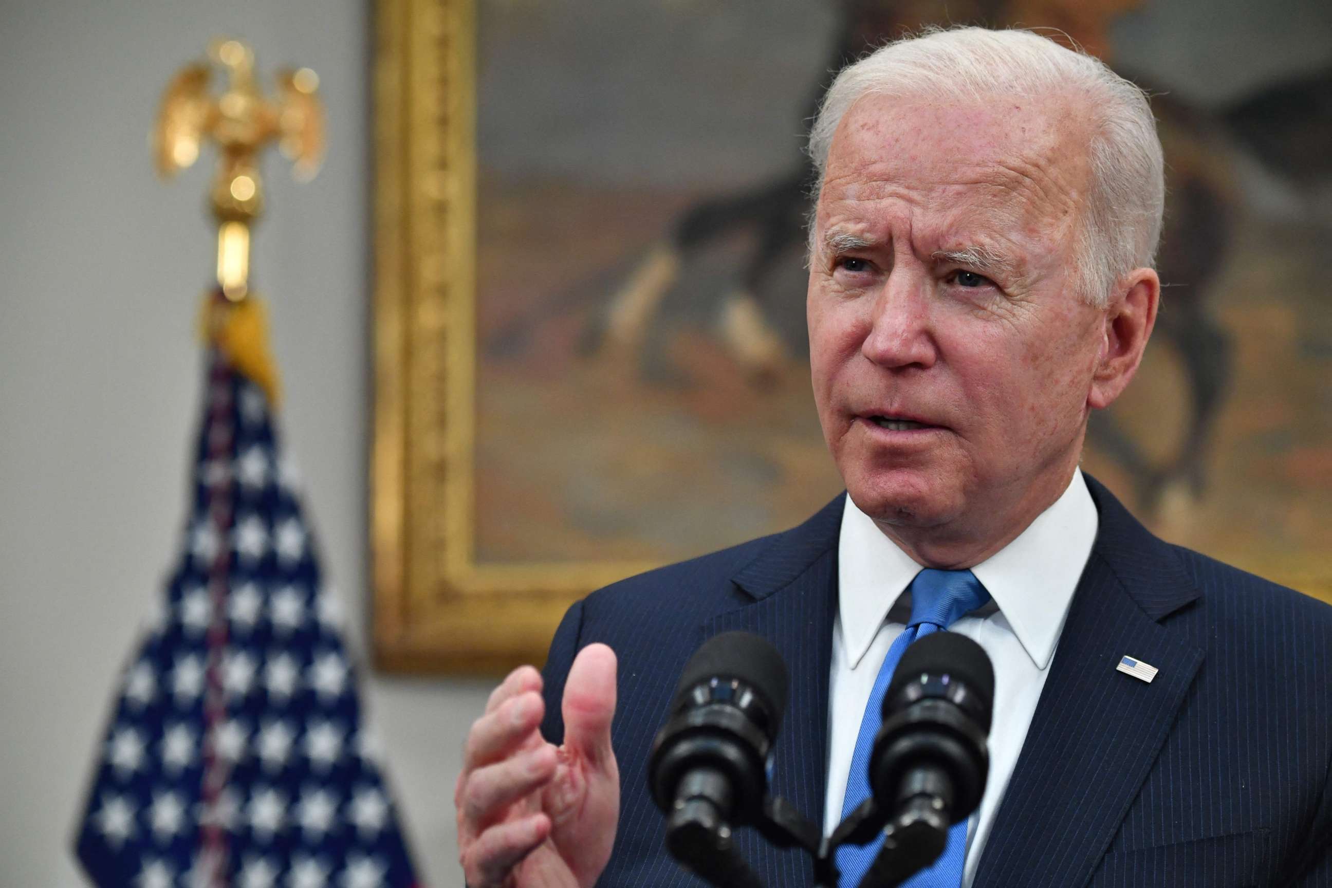 PHOTO: President Joe Biden speaks about the Colonial Pipeline cyber attack, in the Roosevelt Room of the White House in Washington, D.C, on May 13, 2021.