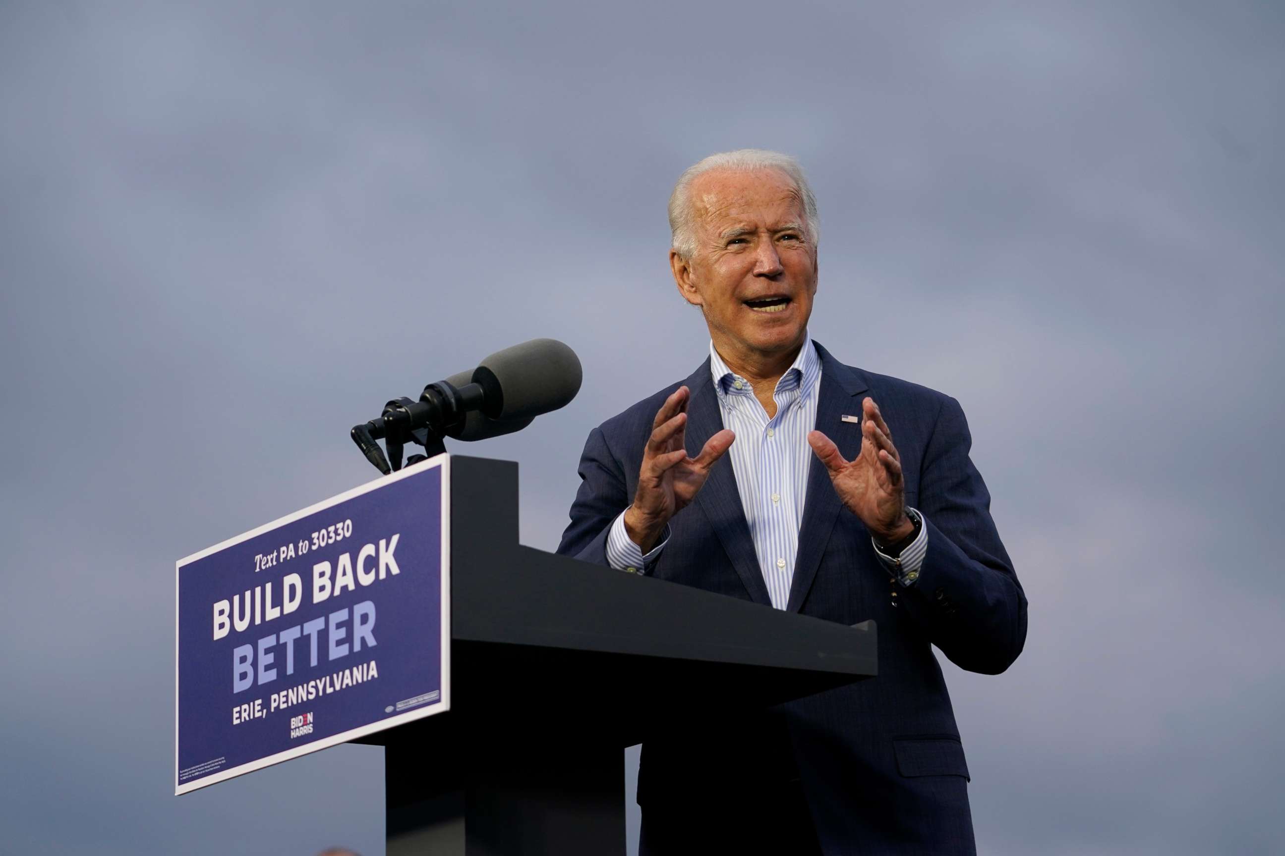 PHOTO: Democratic presidential candidate former Vice President Joe Biden speaks at the Plumbers Local Union No. 27 training center, Saturday, Oct. 10, 2020, in Erie, Pa.