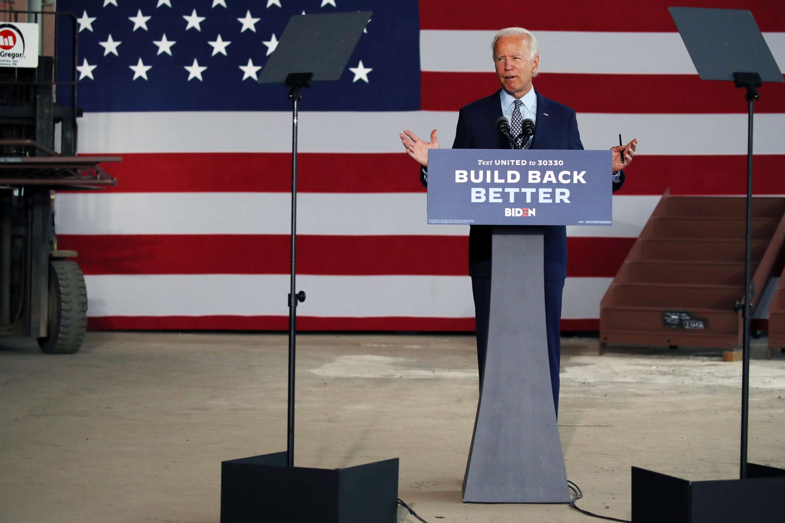 PHOTO: The presumptive Democratic presidential nominee Joe Biden speaks at McGregor Industries on July 9, 2020, in Dunmore, Pa.