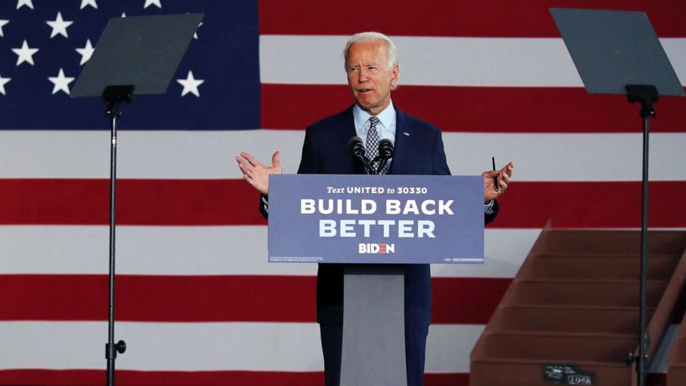 PHOTO: The presumptive Democratic presidential nominee Joe Biden speaks at McGregor Industries on July 9, 2020, in Dunmore, Pa.