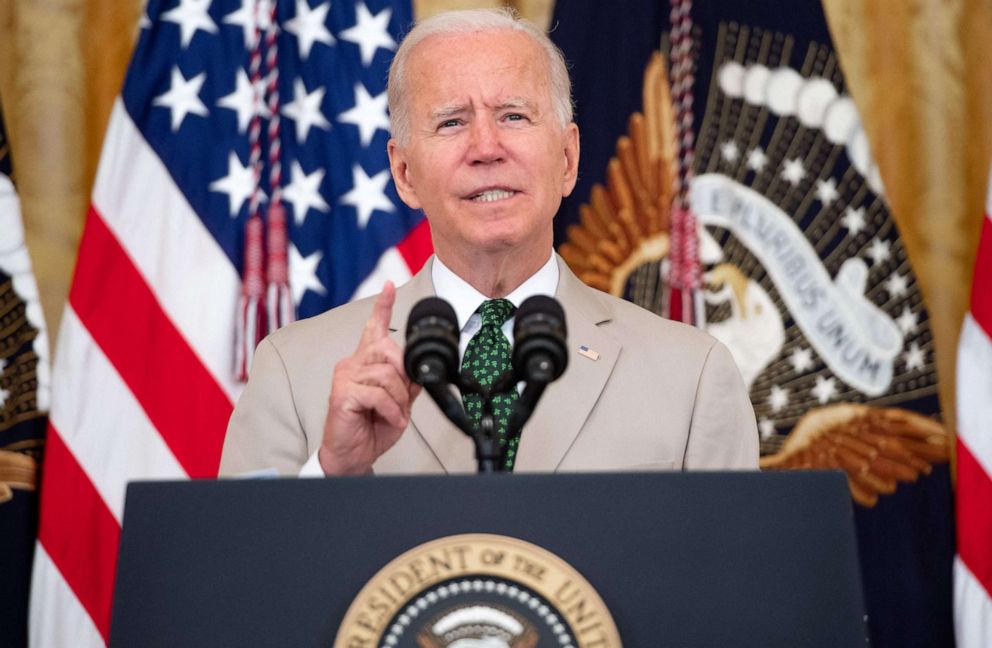 PHOTO: President Joe Biden speaks about the July jobs reports in the East Room of the White House in Washington, D.C., on Aug. 6, 2021.