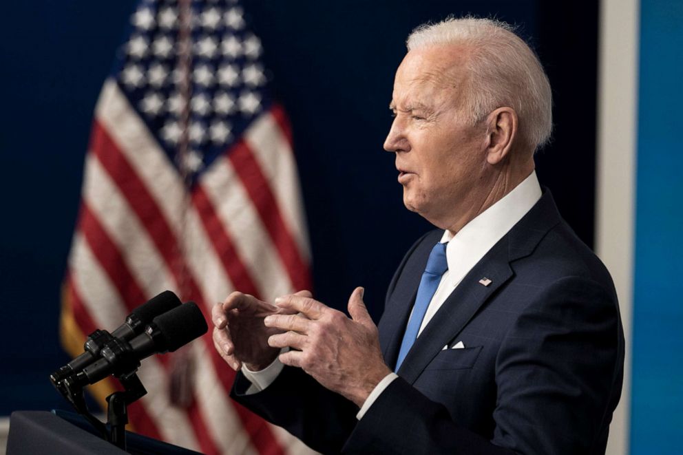 PHOTO: President Joe Biden speaks in the South Court Auditorium of the Eisenhower Executive Office Building near the White House in Washington, D.C., on Jan. 14, 2022.