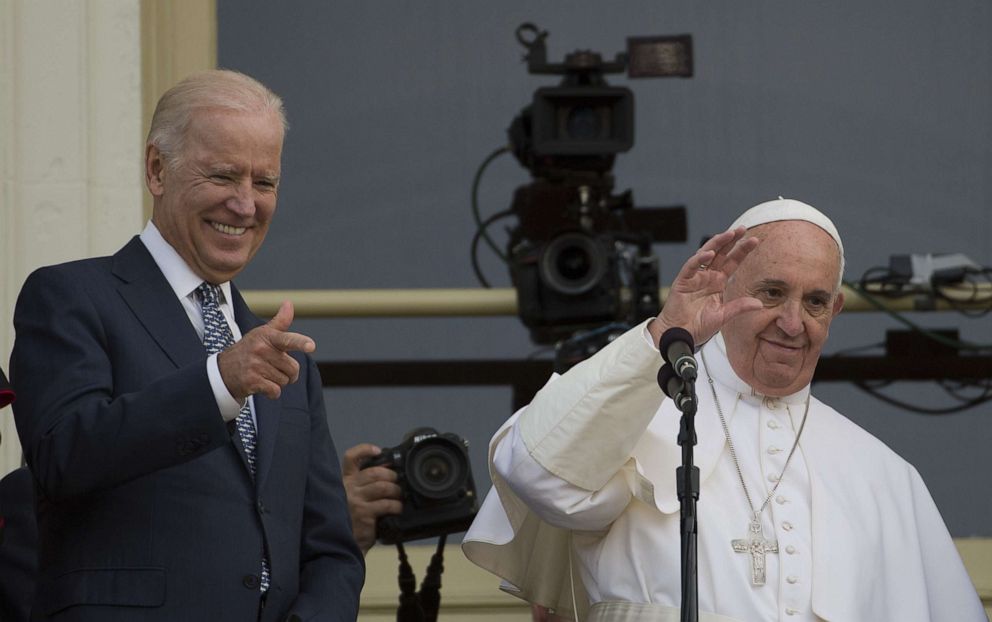 PHOTO: In this Sept. 24, 2020, file photo, Pope Francis, accompanied by Vice-President Joe Biden, waves to the crowd after addressing the Congress in Washington.