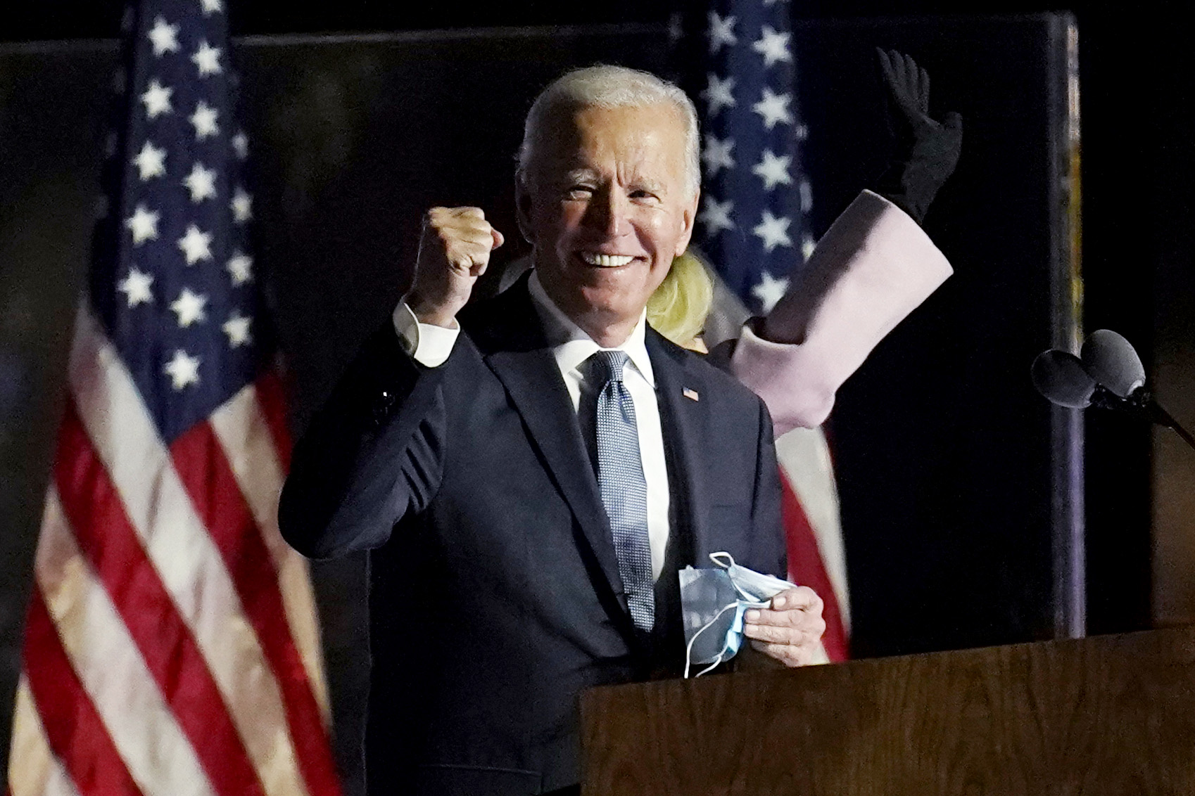 PHOTO: Democratic presidential candidate former Vice President Joe Biden speaks to supporters, Nov. 4, 2020, in Wilmington, Del.