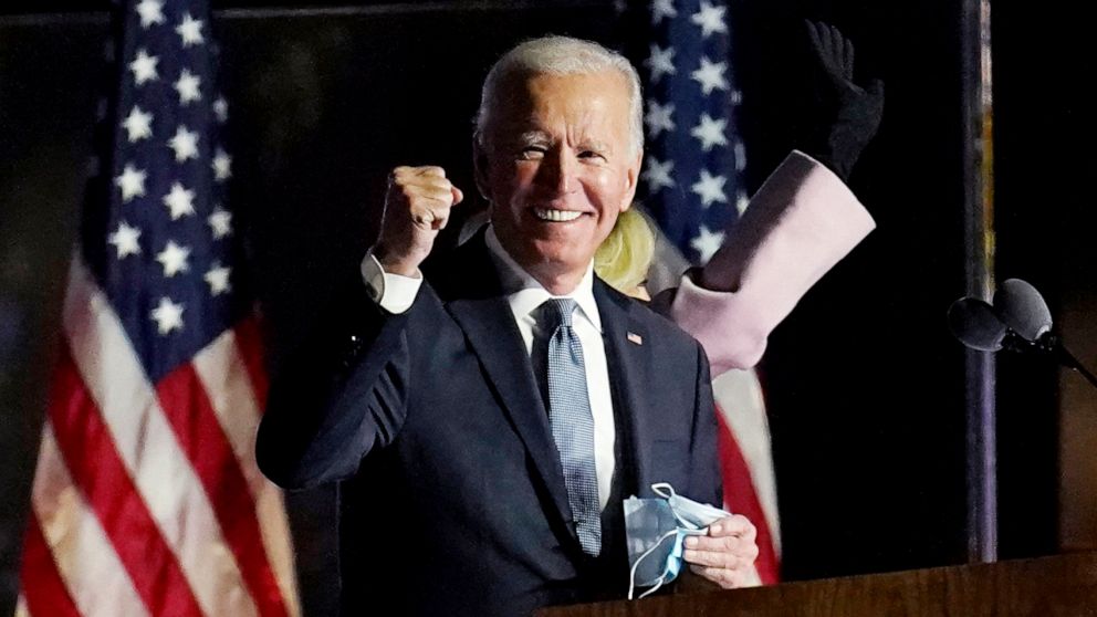 PHOTO: Democratic presidential candidate former Vice President Joe Biden speaks to supporters, Nov. 4, 2020, in Wilmington, Del.