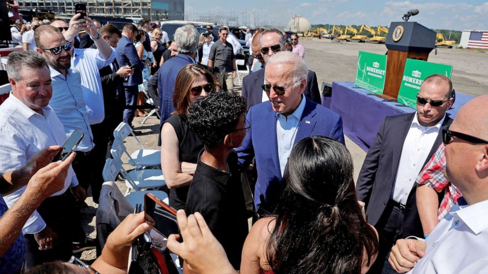 PHOTO: President Joe Biden speaks to people after delivering remarks on climate change and renewable energy at the site of the former Brayton Point Power Station in Somerset, Mass., July 20, 2022. 