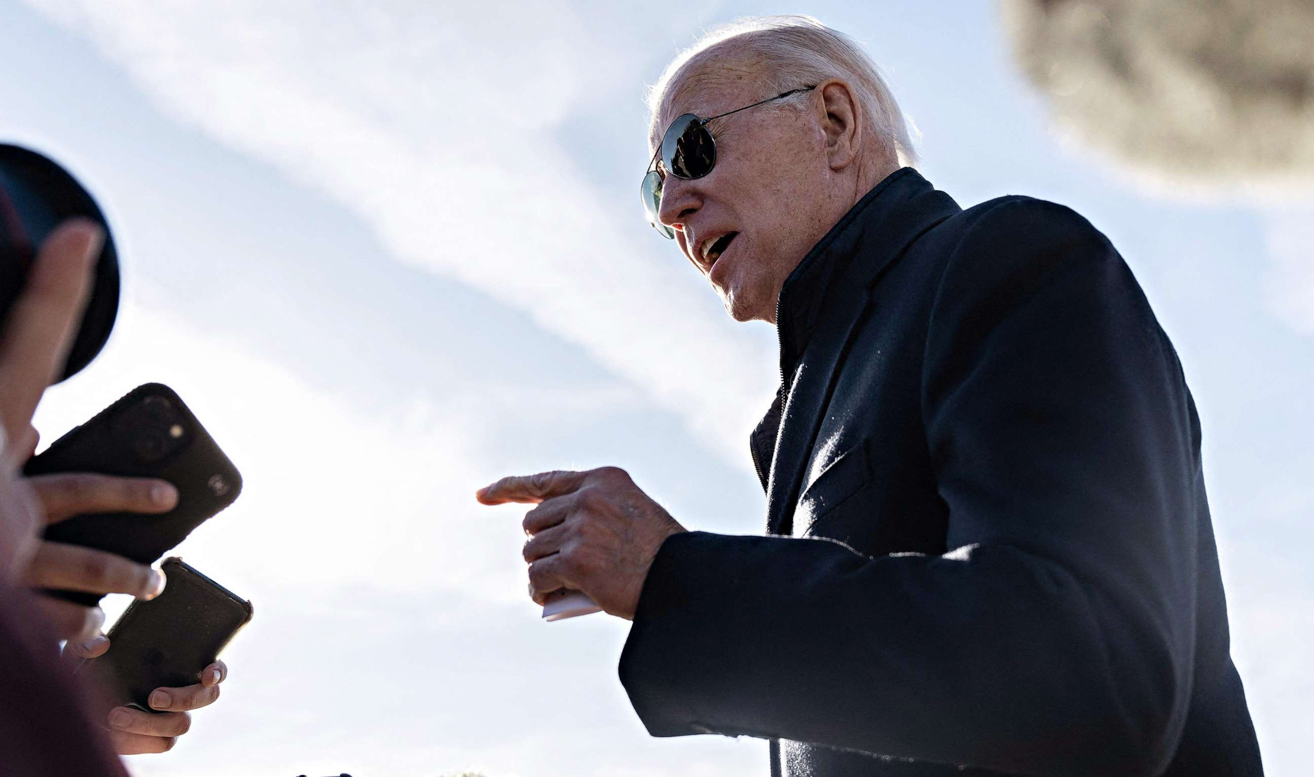 PHOTO: President Joe Biden speaks to reporters after arriving at Hagerstown Regional Airport in Hagerstown, Md., Feb. 4, 2023. Biden congratulated fighter pilots for taking down a Chinese spy balloon off the east coast.