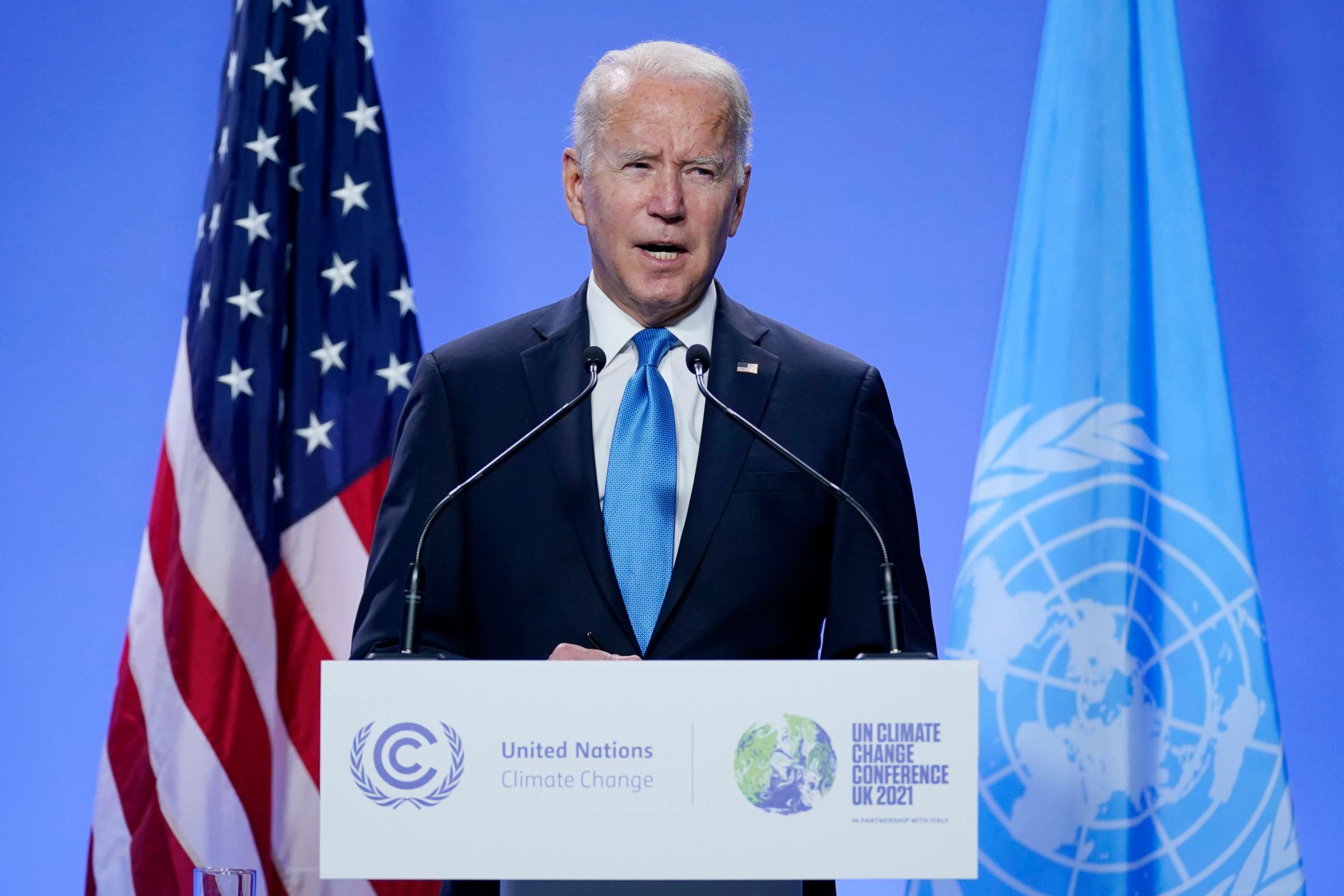 PHOTO: President Joe Biden listens to a question during a news conference at the COP26 U.N. Climate Summit, Nov. 2, 2021, in Glasgow, Scotland.