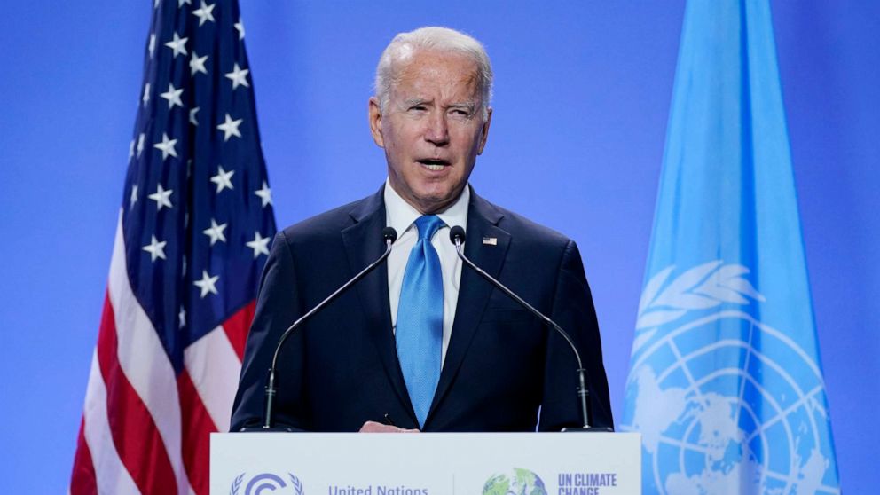 PHOTO: President Joe Biden listens to a question during a news conference at the COP26 U.N. Climate Summit, Nov. 2, 2021, in Glasgow, Scotland.