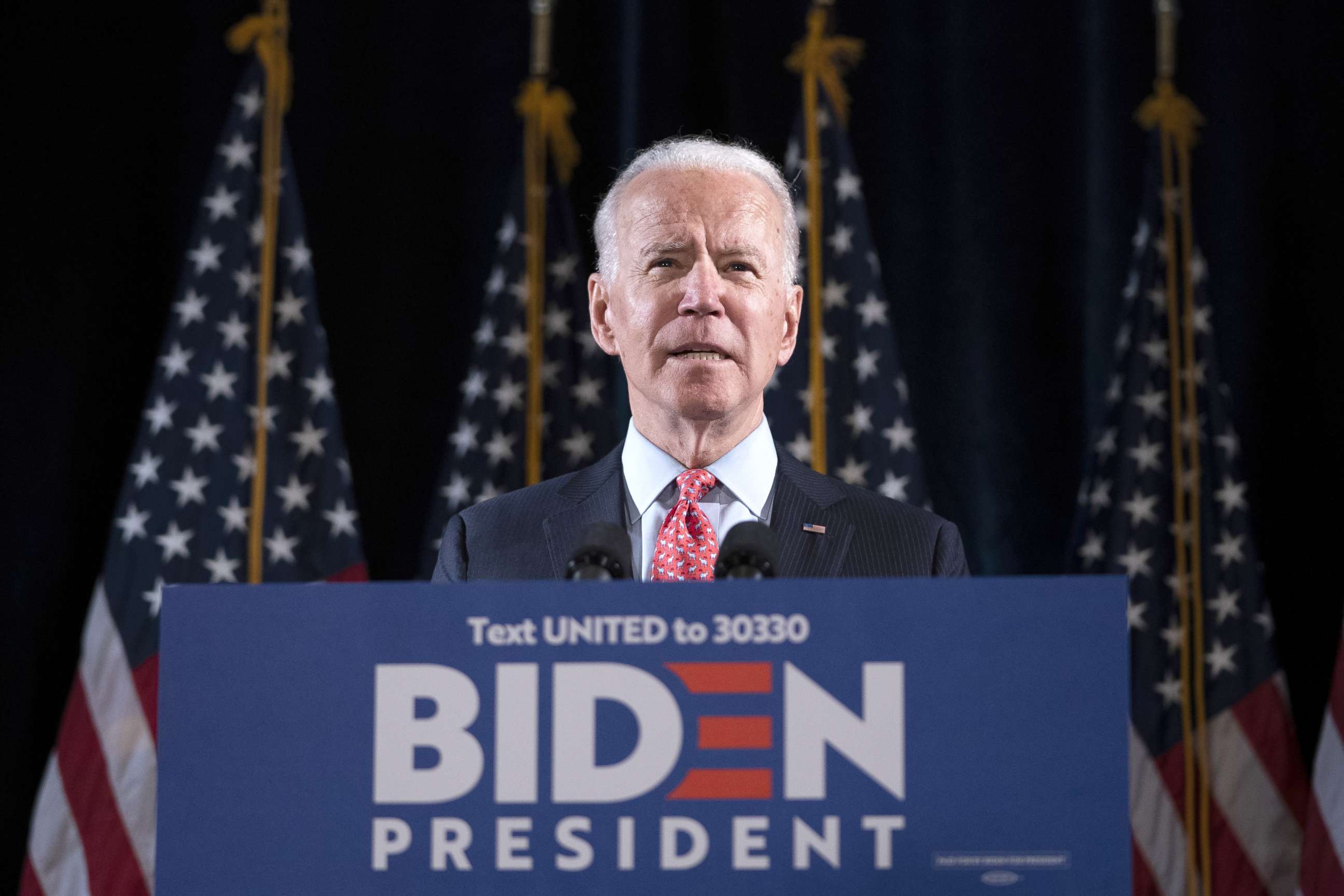 PHOTO: Democratic presidential candidate former Vice President Joe Biden delivers remarks about the coronavirus outbreak, at the Hotel Du Pont, March 12, 2020, in Wilmington, Delaware.