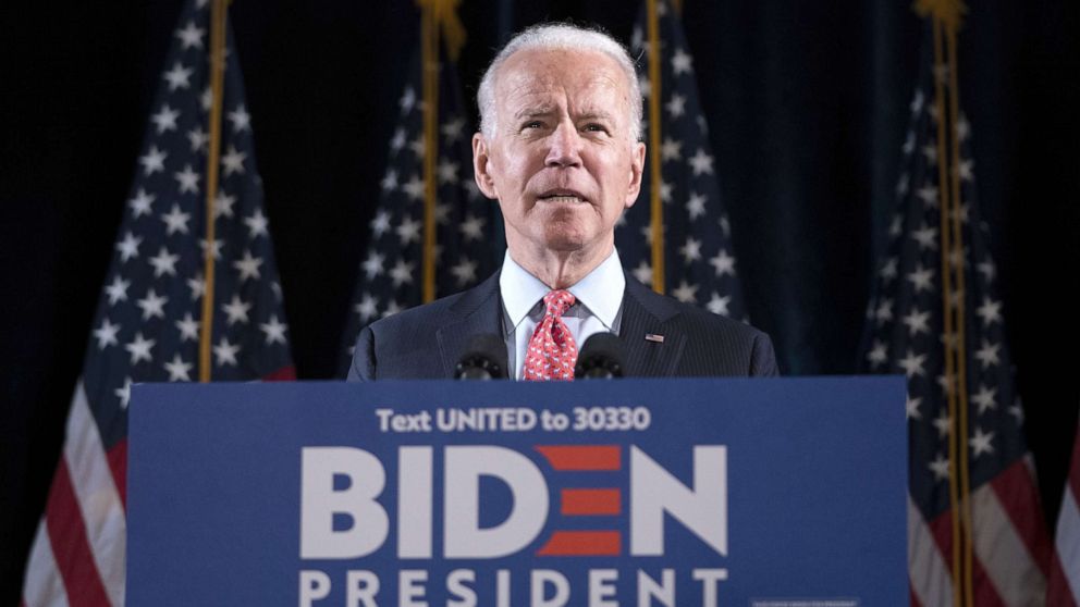 PHOTO: Democratic presidential candidate former Vice President Joe Biden delivers remarks about the coronavirus outbreak, at the Hotel Du Pont, March 12, 2020, in Wilmington, Delaware.