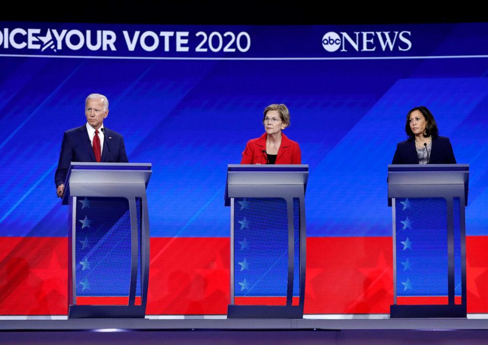 PHOTO: Democratic presidential candidates, Joe Biden, Elizabeth Warren and Kamala Harris take part in a debate at Southern Texas University, Sept. 12, 2019, in Houston, Texas.