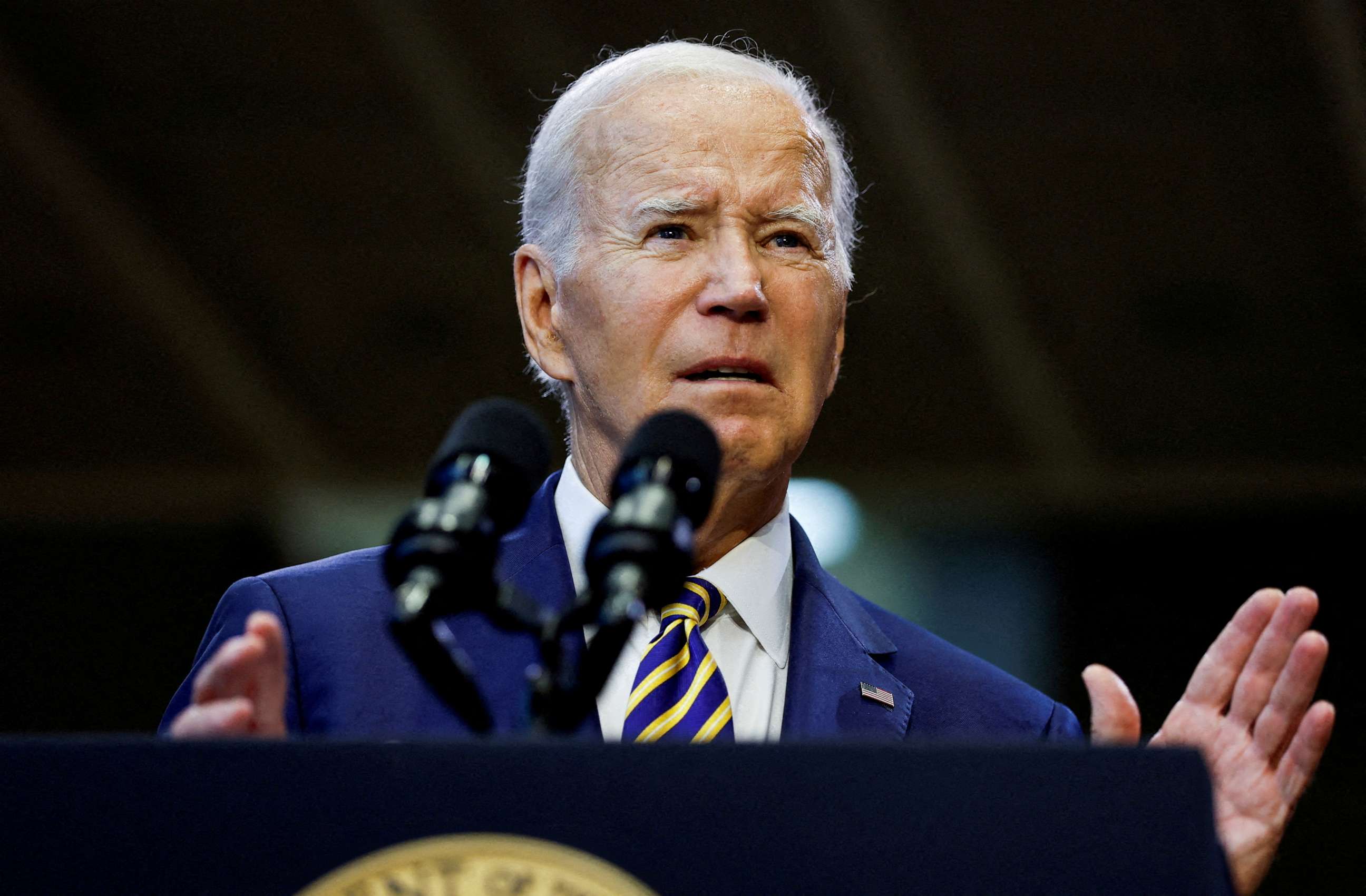 FILE PHOTO: U.S. President Joe Biden delivers remarks on his economic agenda at Prince George's Community College in Largo, Maryland, on Sept. 14, 2023.
