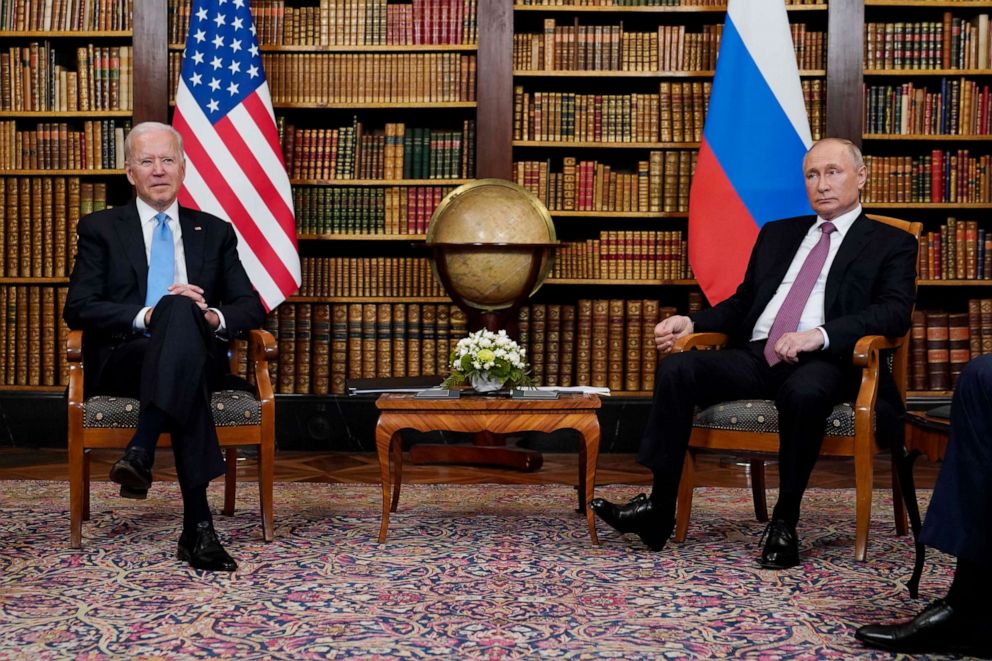 PHOTO: In this June 16, 2021, file photo President Joe Biden meets with Russian President Vladimir Putin in Geneva, Switzerland.