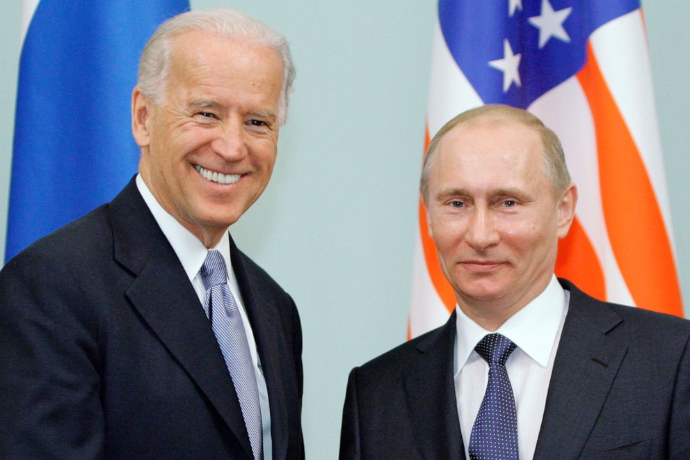 PHOTO: Then Vice President Joe Biden, left, shakes hands with Russian Prime Minister Vladimir Putin in Moscow, Russia, March 10, 2011.