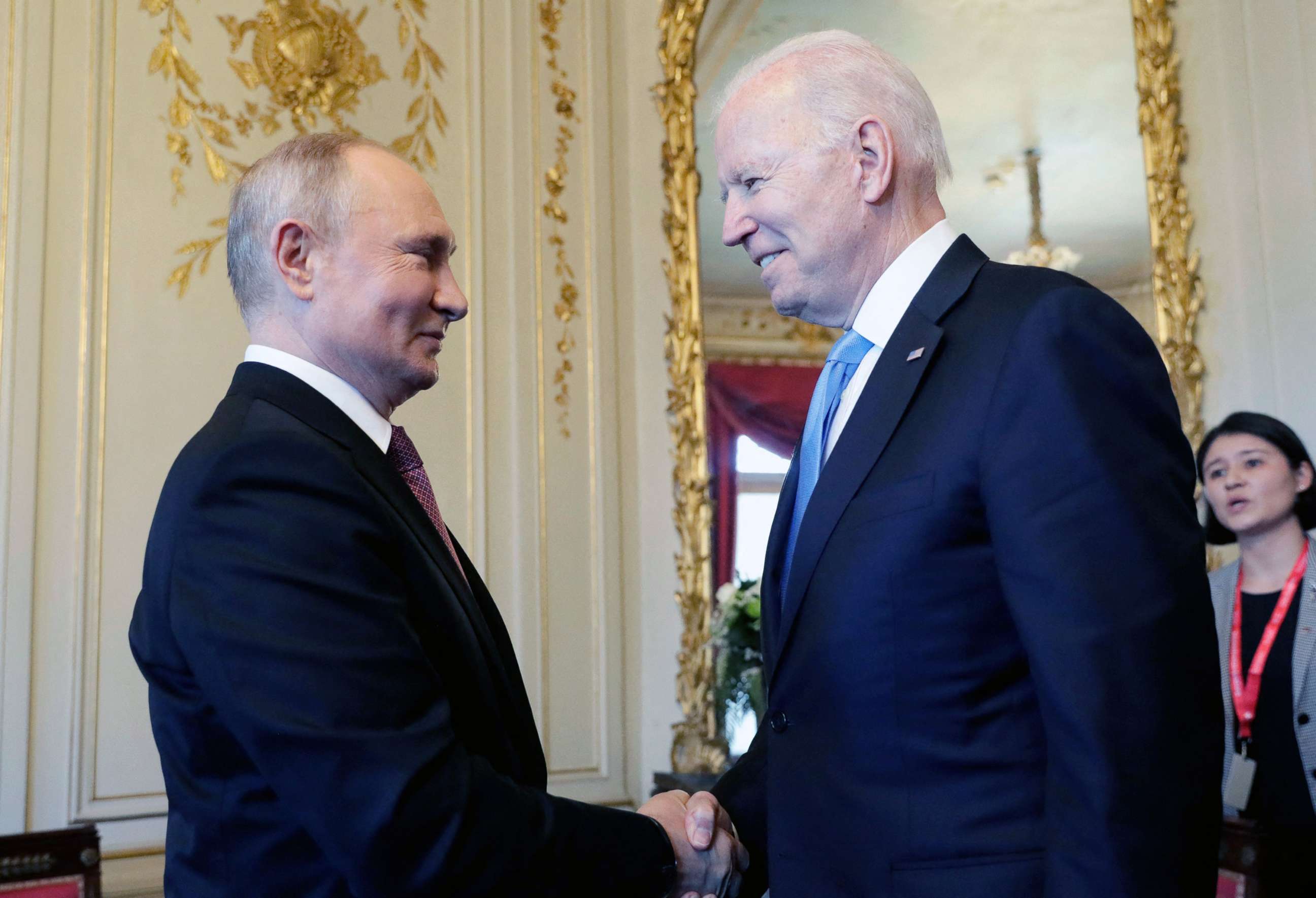 PHOTO: Russian President Vladimir Putin shakes hands with U.S. President Joe Biden during their meeting at the 'Villa la Grange' in Geneva, June 16, 2021.