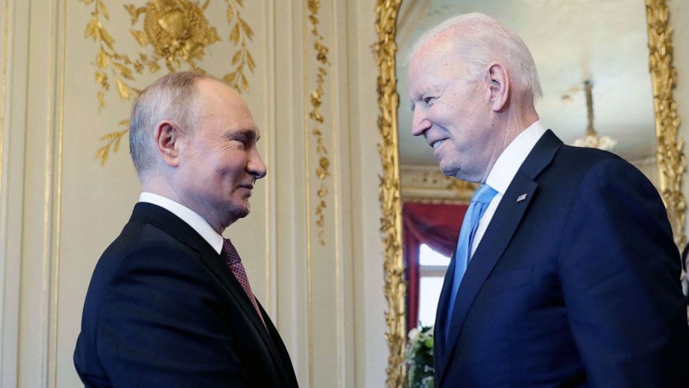 PHOTO: Russian President Vladimir Putin shakes hands with U.S. President Joe Biden during their meeting at the 'Villa la Grange' in Geneva, June 16, 2021.