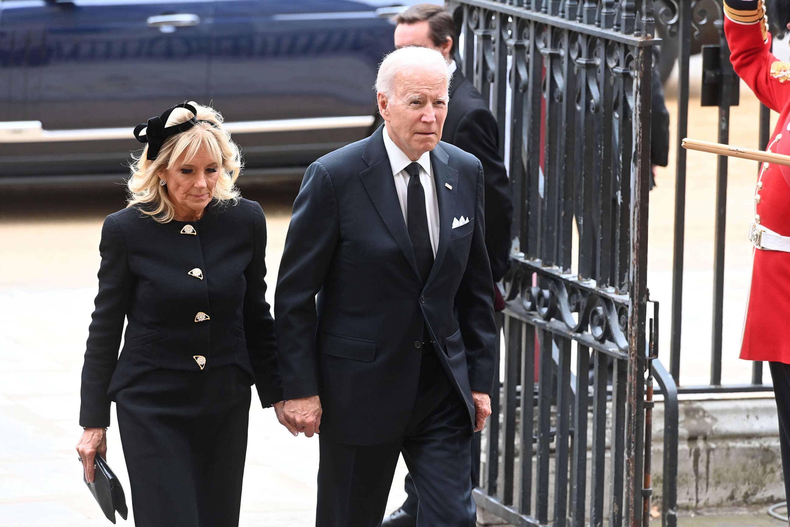 PHOTO: President Joe Biden and Jill Biden arrive for the State Funeral of Queen Elizabeth II at Westminster Abbey on Sept. 19, 2022 in London.