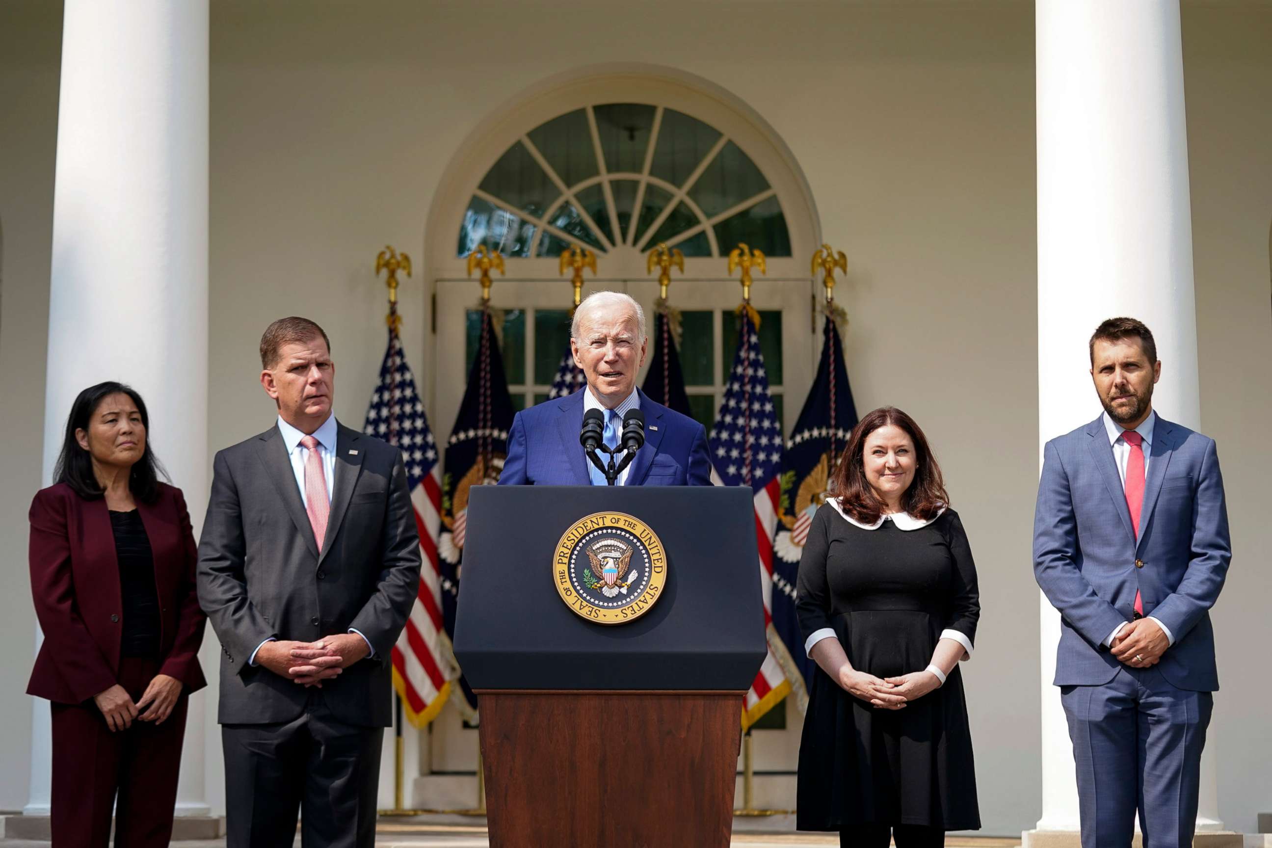 PHOTO: President Joe Biden speaks about a tentative railway labor agreement in the Rose Garden of the White House, Sept. 15, 2022, in Washington, D.C. 