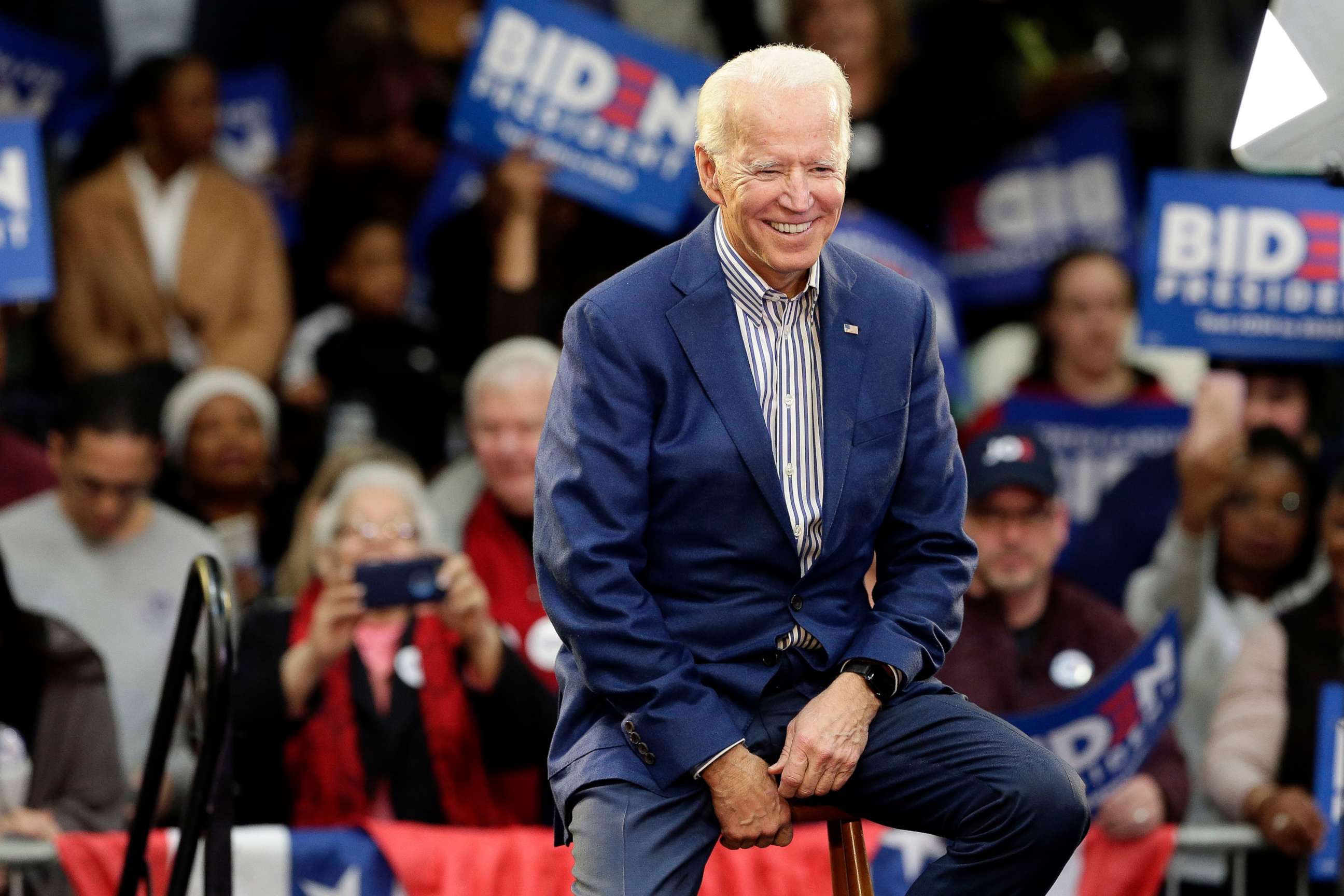 PHOTO: Democratic presidential candidate former Vice President Joe Biden smiles while being introduced at a campaign event at Saint Augustine's University in Raleigh, N.C., Feb. 29, 2020.