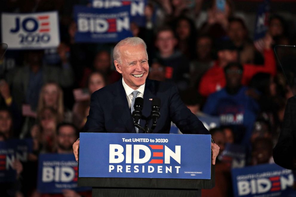 PHOTO: Democratic presidential candidate former Vice President Joe Biden celebrates with his supporters after declaring victory at an election-night rally at the University of South Carolina Volleyball Center, Feb. 29, 2020, in Columbia, S.C.