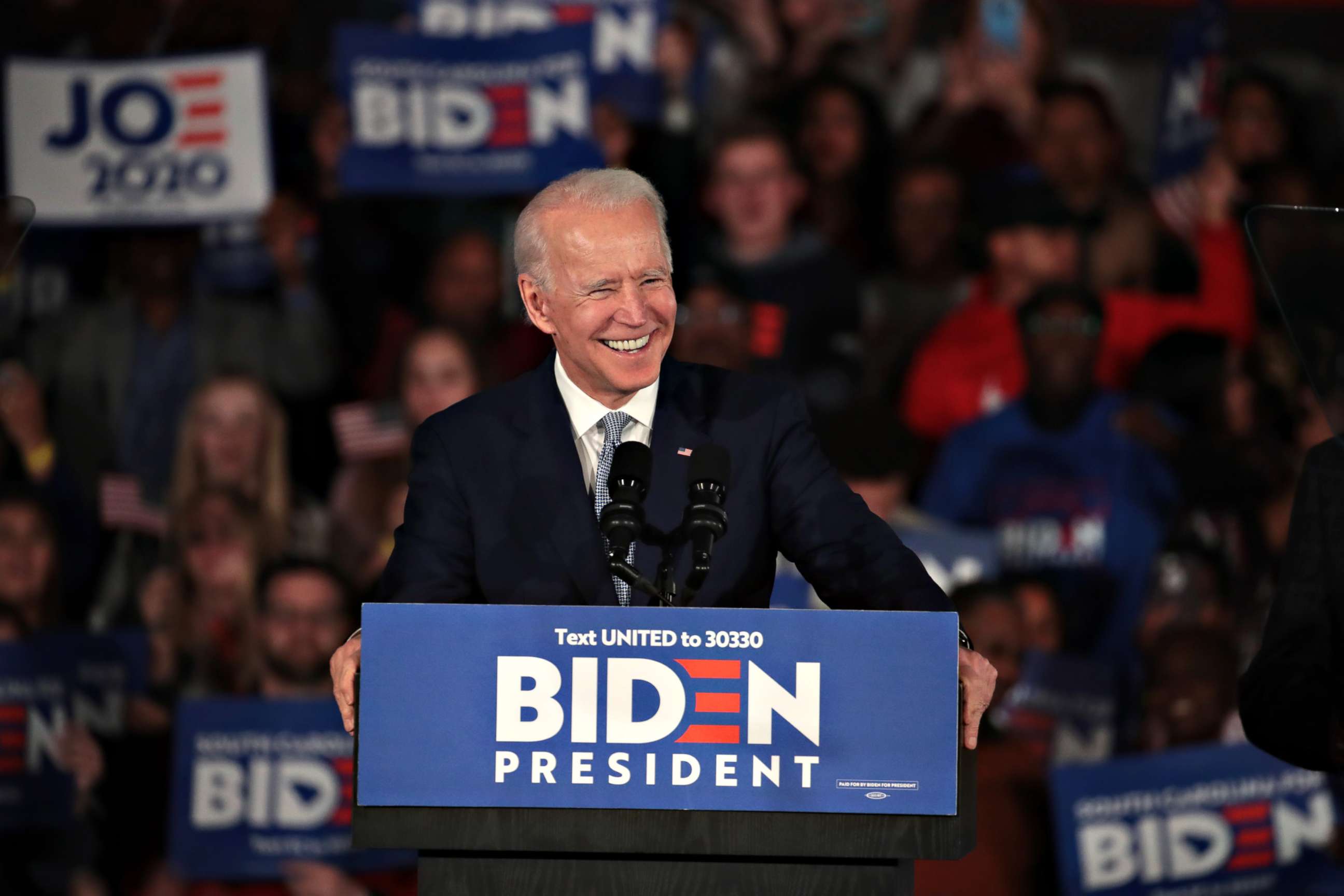 PHOTO:Democratic presidential candidate former Vice President Joe Biden celebrates with his supporters after declaring victory at an election-night rally at the University of South Carolina Volleyball Center, on Feb. 29, 2020, in Columbia, South Carolina.