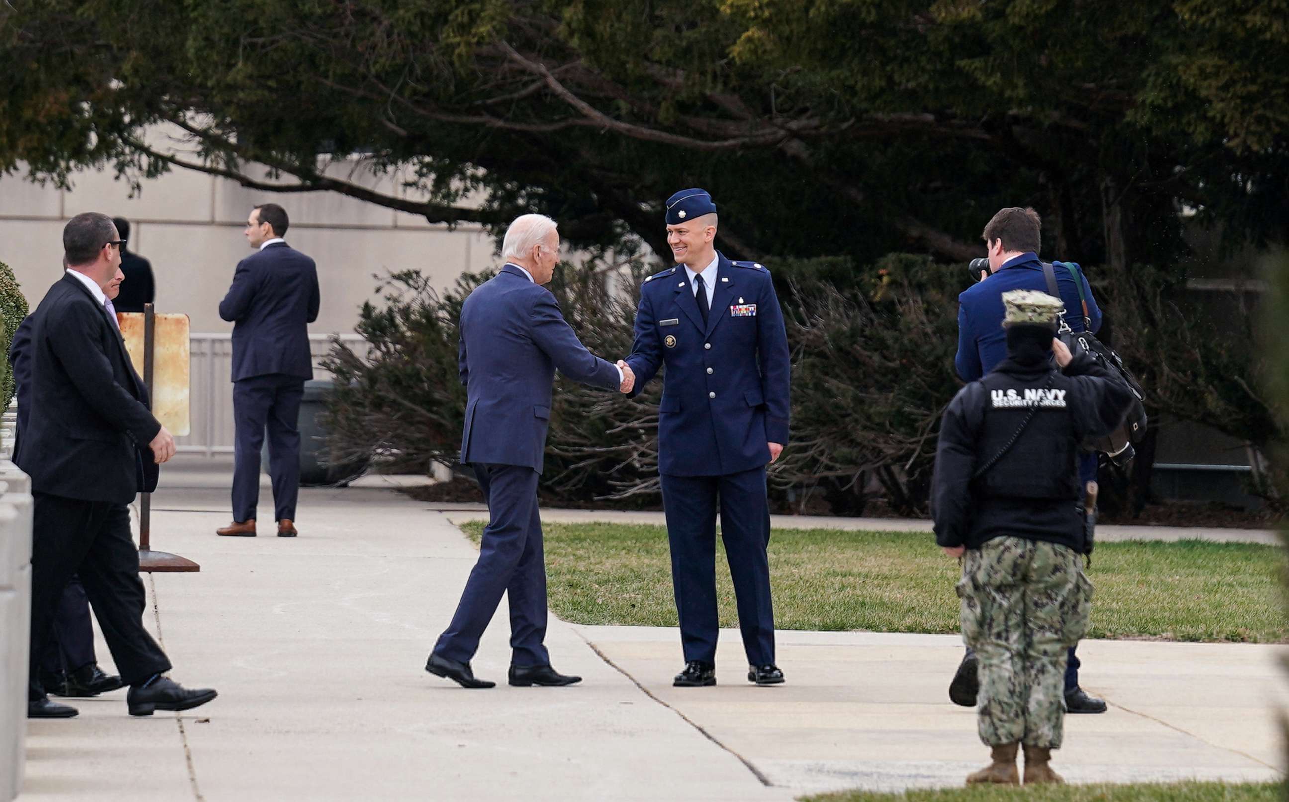 PHOTO: President Joe Biden is greeted by members of the military as he arrives for an annual physical exam at Walter Reed National Military Medical Center in Bethesda, Md., Feb. 16, 2023.