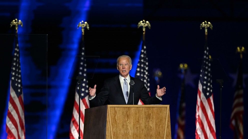 US President-elect Joe Biden delivers remarks in Wilmington, Delaware, on November 7, 2020, after being declared the winner of the presidential election. 