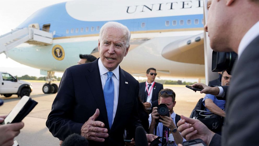 PHOTO: President Joe Biden speaks to the media before boarding Air Force One at Geneva airport, as he leaves Geneva after the U.S.-Russia summit, Switzerland, June 16, 2021.
