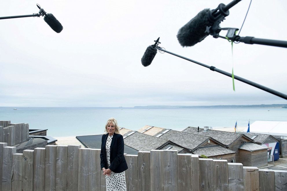 PHOTO: First lady Jill Biden talks to reporters at Carbis Bay, in Cornwall, England, June 10, 2021, ahead of the three-day G7 summit.