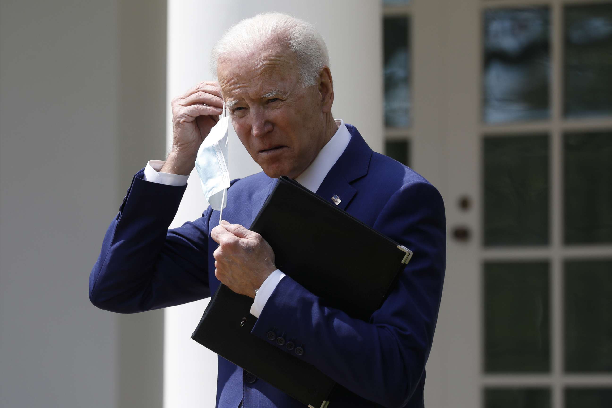 PHOTO: President Joe Biden wears a protective face mask after delivering remarks on gun violence prevention in the Rose Garden of the White House in Washington, D.C., on April 8, 2021.