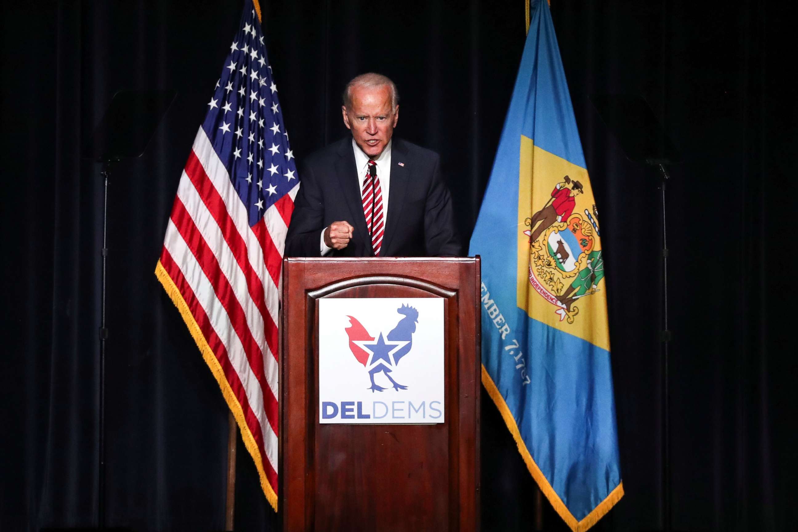 PHOTO: Former Vice President Joe Biden delivers remarks at the First State Democratic Dinner in Dover, Del., March 16, 2019.  