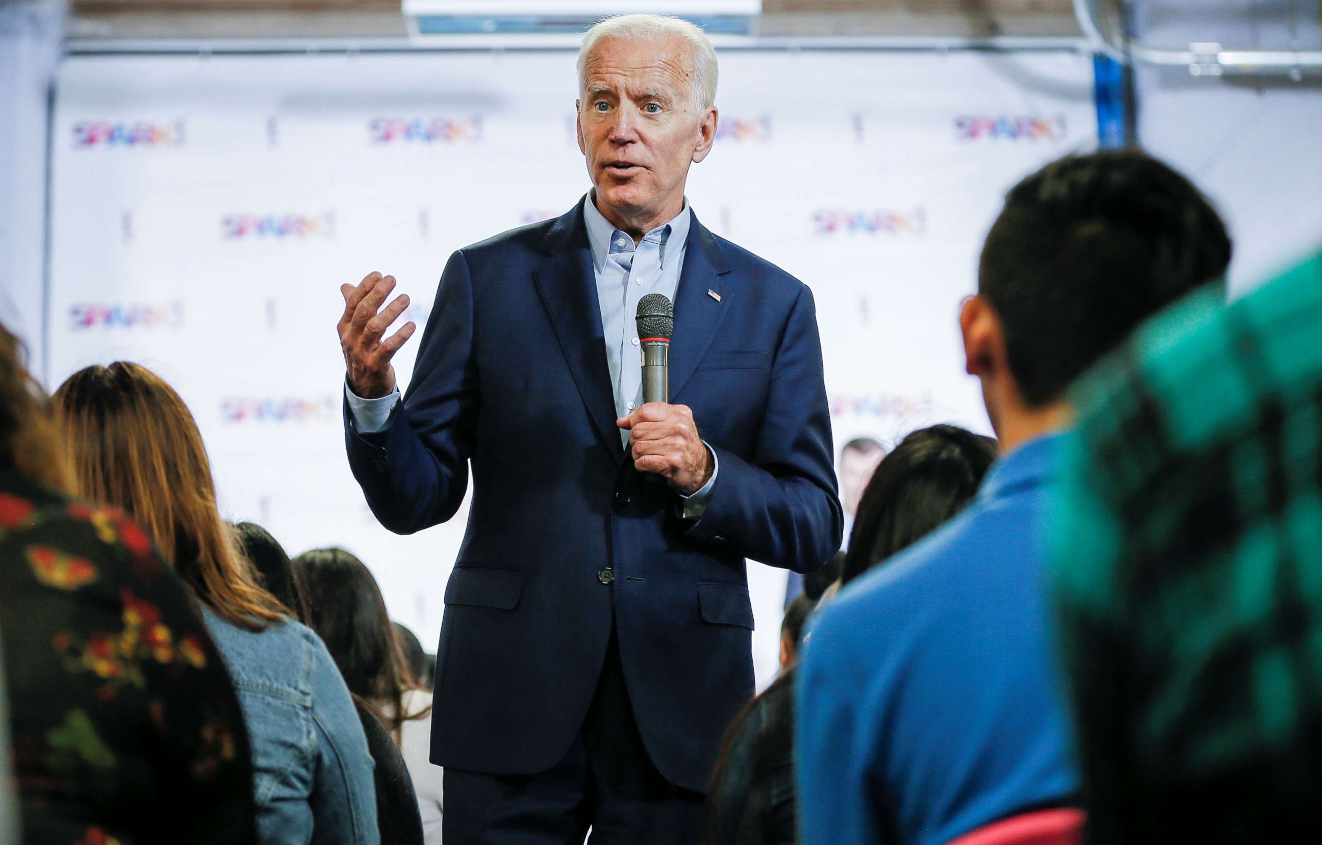 PHOTO: Democratic Presidential candidate Joe Biden gives a pep talk to Dallas County high school students during a campaign event at the SPARK! educational center in Dallas, Texas, May 29, 2019.