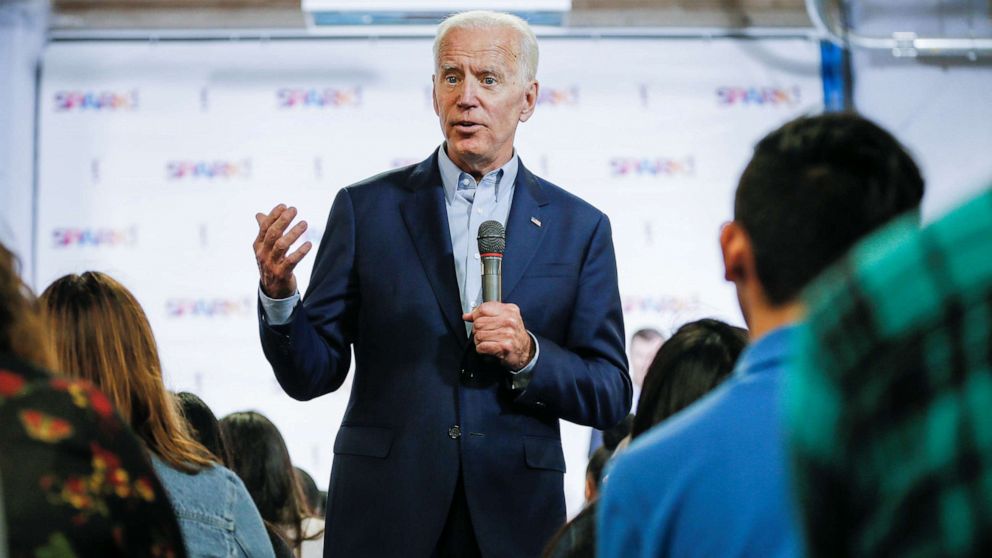PHOTO: Democratic Presidential candidate Joe Biden gives a pep talk to Dallas County high school students during a campaign event at the SPARK! educational center in Dallas, Texas, May 29, 2019.