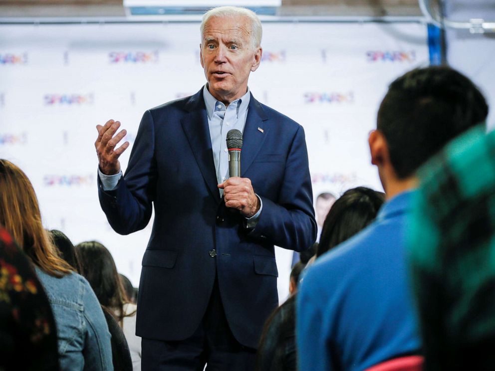 PHOTO: Democratic Presidential candidate Joe Biden gives a pep talk to Dallas County high school students during a campaign event at the SPARK! educational center in Dallas, Texas, May 29, 2019.