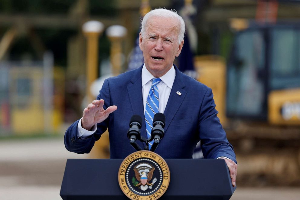 PHOTO: President Joe Biden delivers remarks on infrastructure investments at the International Union of Operating Engineers Local 324 training facility in Howell, Mich., Oct. 5, 2021.