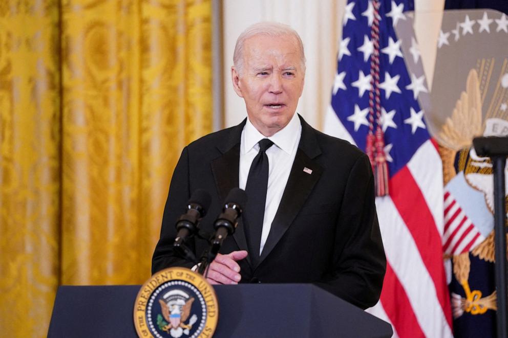 PHOTO: President Joe Biden speaks during a reception at the White House ahead of the 46th Kennedy Center Honors gala, Dec. 3, 2023. 