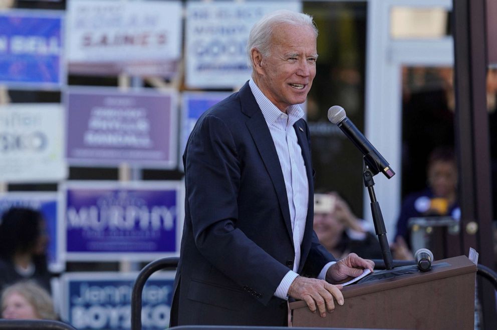 PHOTO: Democratic presidential candidate and former Vice President Joe Biden speaks at a rally in Sterling, Virginia, on Nov. 3, 2019.