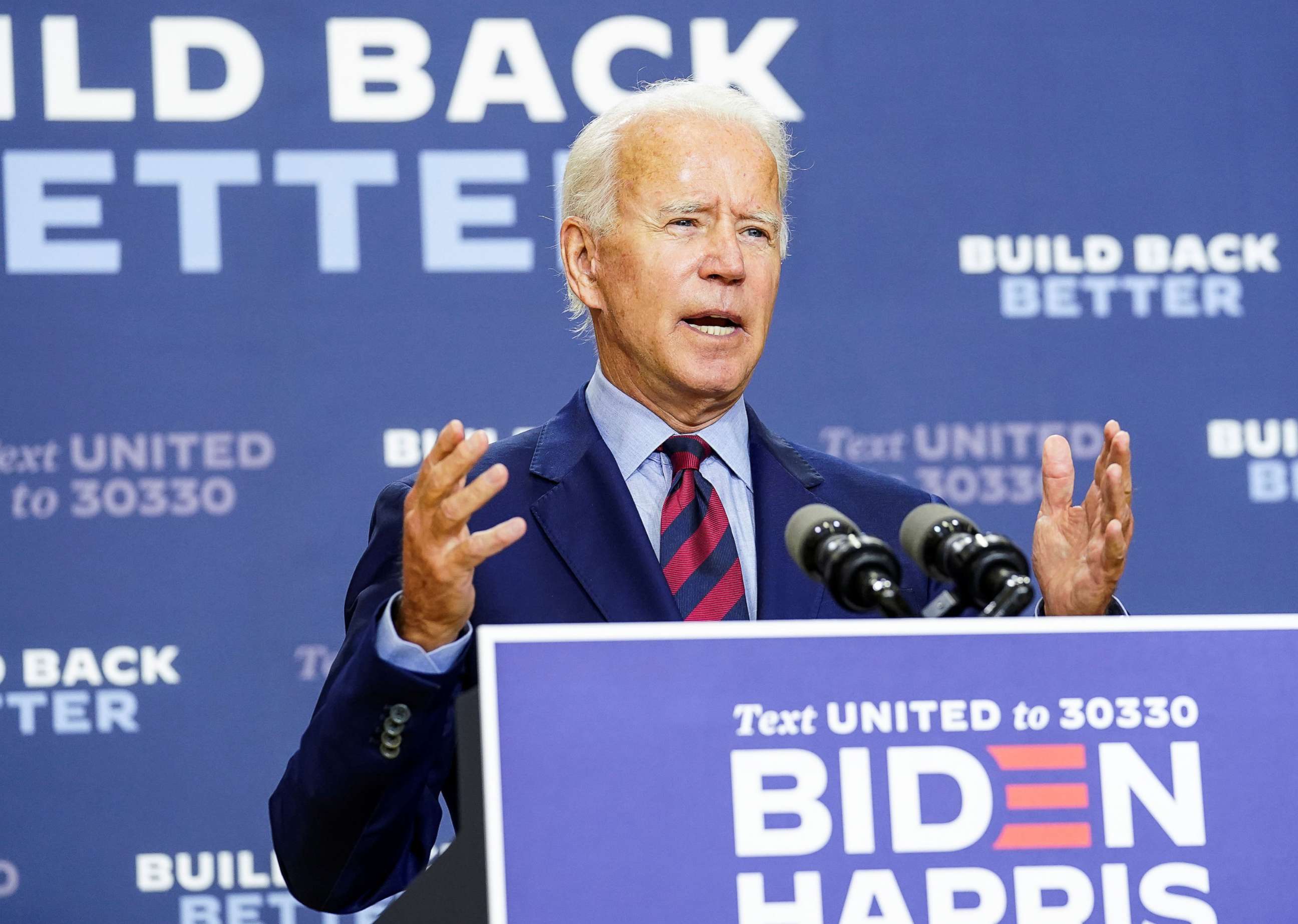 PHOTO: Democratic presidential nominee and former Vice President Joe Biden speaks in Wilmington, Del., Sept. 4, 2020. 