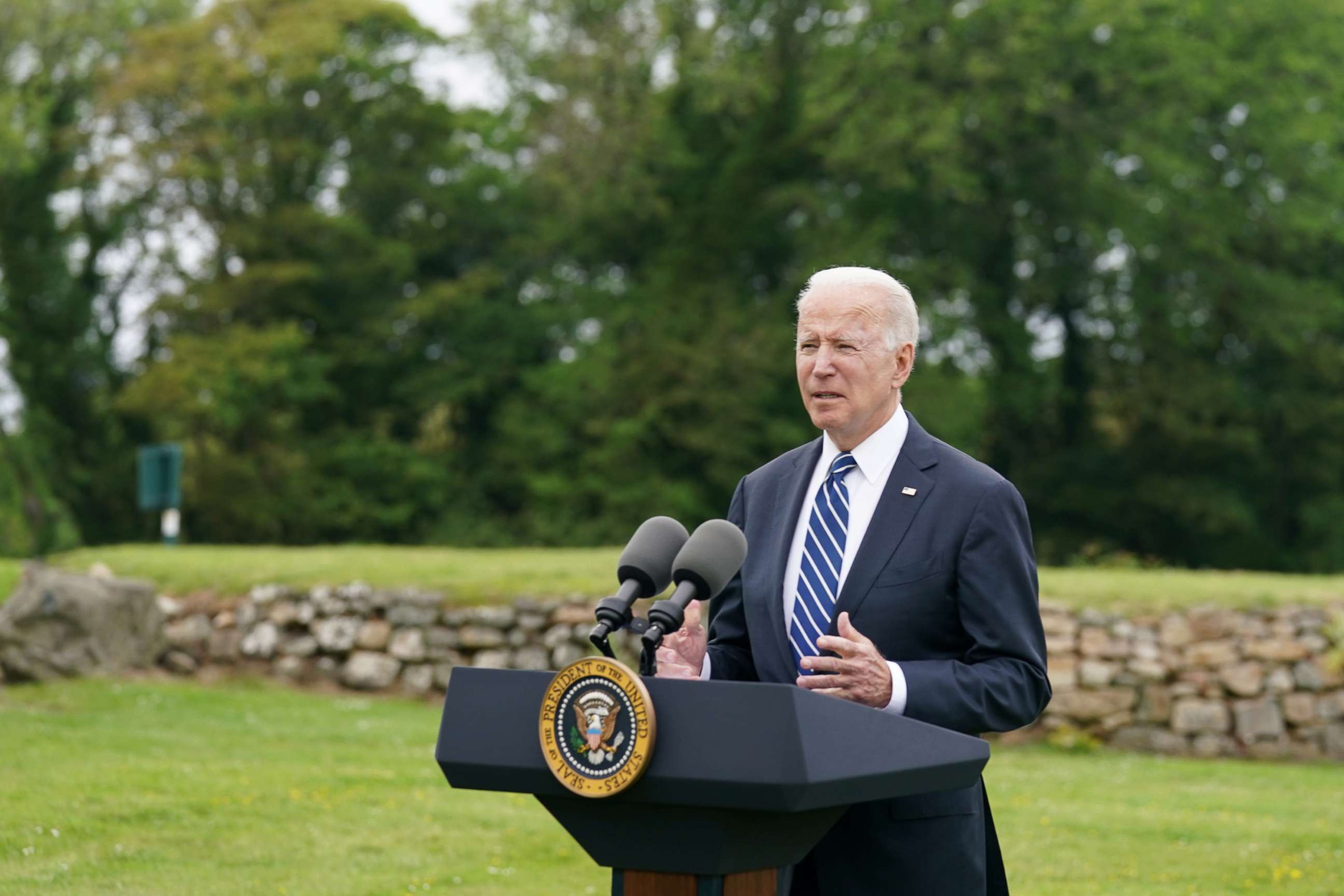 PHOTO: President Joe Biden speaks about his administration's pledge to donate 500 million doses of the Pfizer coronavirus vaccine to the world's poorest countries, during a visit to St. Ives in Cornwall, Britain, June 10, 2021.