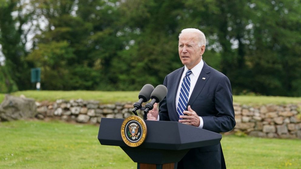 PHOTO: President Joe Biden speaks about his administration's pledge to donate 500 million doses of the Pfizer coronavirus vaccine to the world's poorest countries, during a visit to St. Ives in Cornwall, Britain, June 10, 2021.