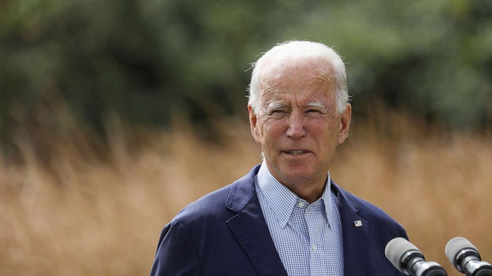 PHOTO: Democratic presidential nominee and former Vice President Joe Biden speaks about climate change during a campaign event at the Delaware Museum of Natural History in Wilmington, Del., Sept. 14, 2020.
