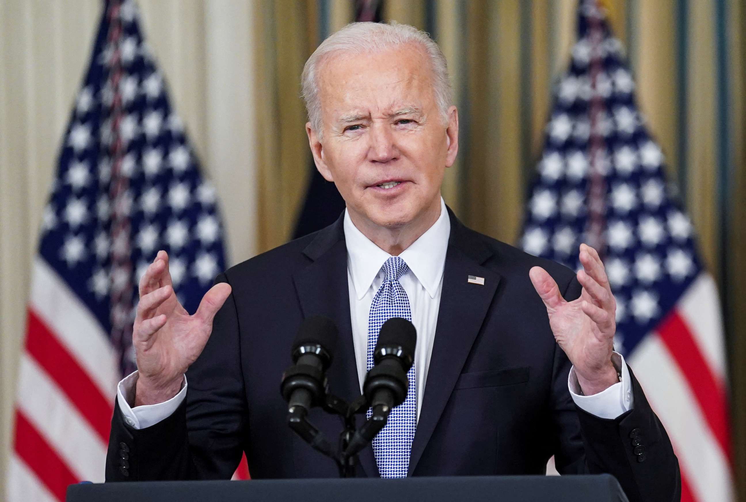 PHOTO: President Joe Biden delivers remarks on the March jobs report, during a speech in the State Dining Room at the White House in Washington, April 1, 2022.