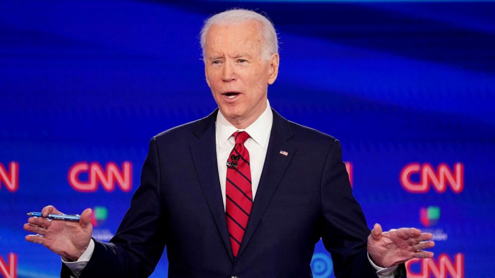 PHOTO: Democratic presidential candidate and former Vice President Joe Biden speaks during the 11th Democratic candidates debate of the 2020 U.S. presidential campaign, held in CNN's Washington studios without an audience, in Washington, March 15, 2020.