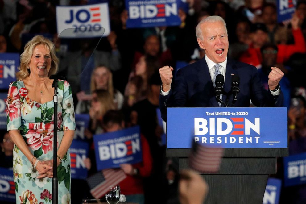 PHOTO: Democratic presidential candidate former Vice President Joe Biden, accompanied by his wife Jill Biden, speaks at a primary night election rally in Columbia, S.C., Feb. 29, 2020.