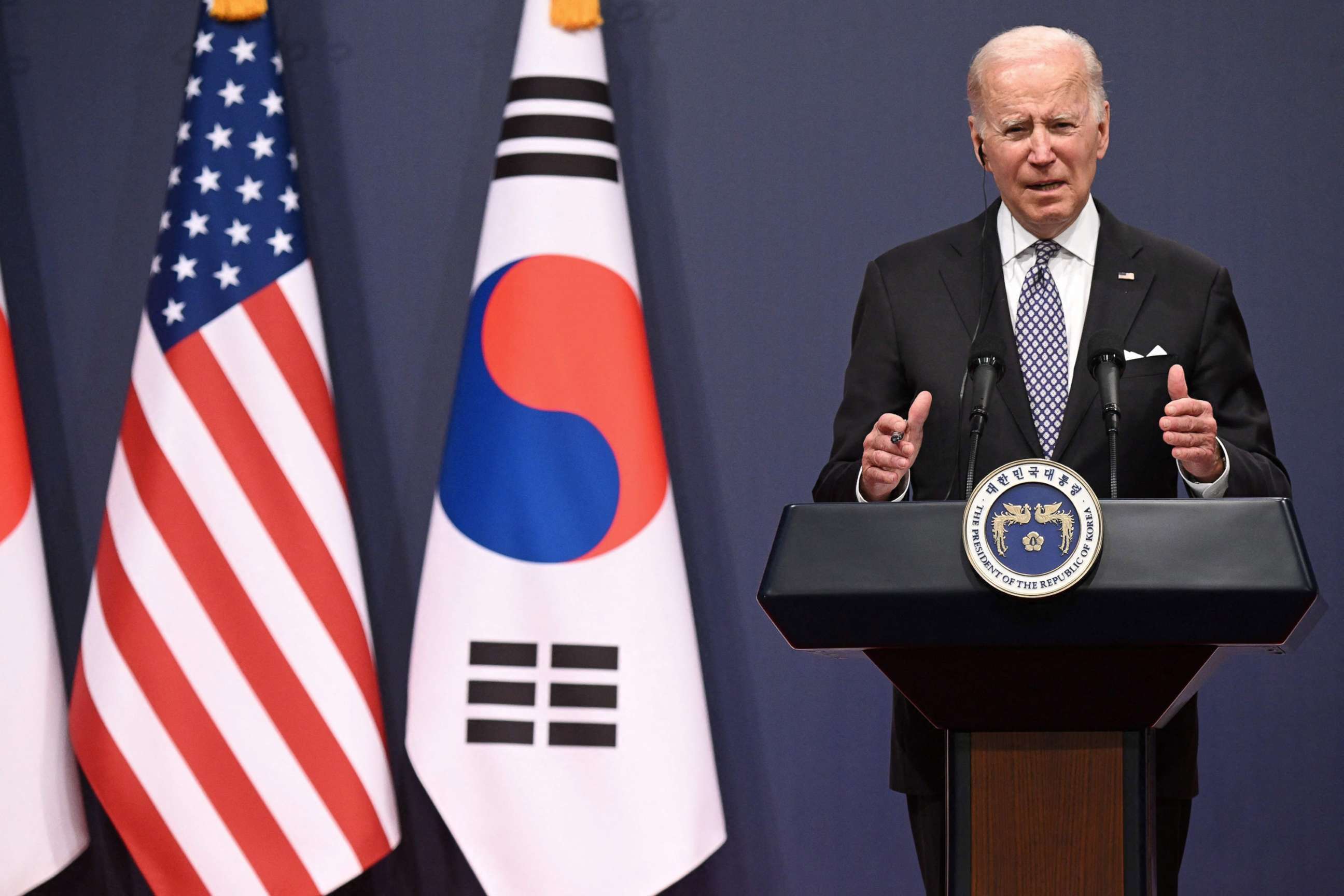 PHOTO: President Joe Biden holds a press conference with South Korean President Yoon Suk-yeol following their meeting at the People's House in Seoul on May 21, 2022.